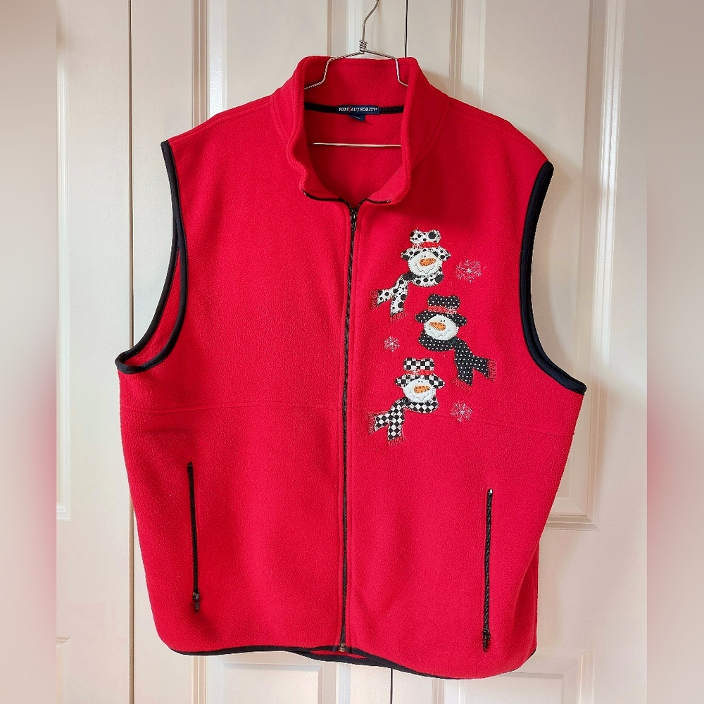 Red‎ Zip Front Fleece Vest Christmas Snowmen 2X Port Authority